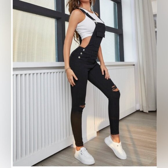 Flap Pocket Ripped Denim Overalls Without Tank Top - Picture 4 of 6